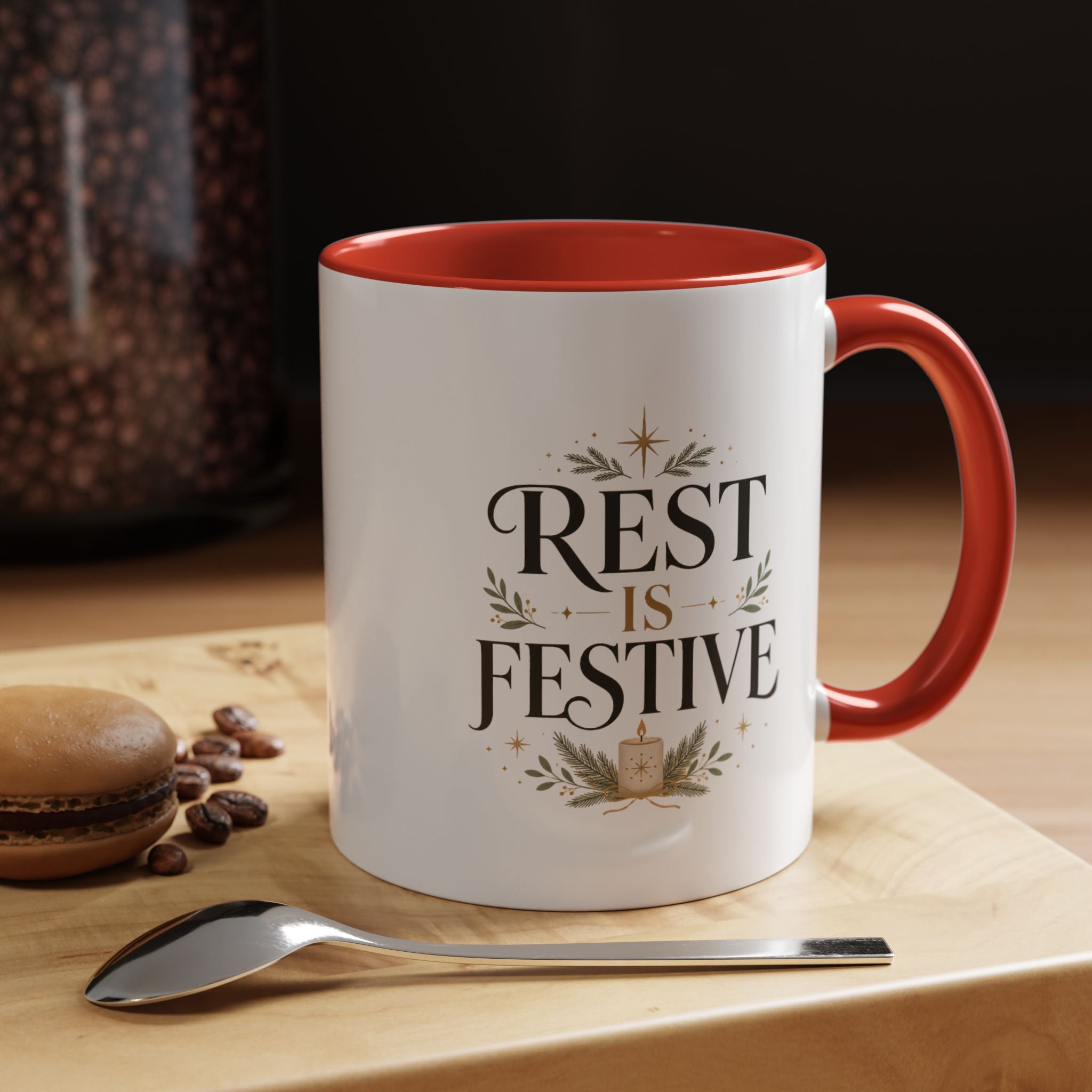 Modern Day Christmas Rest Is Festive Coffee Mug — Holiday Floral Accent