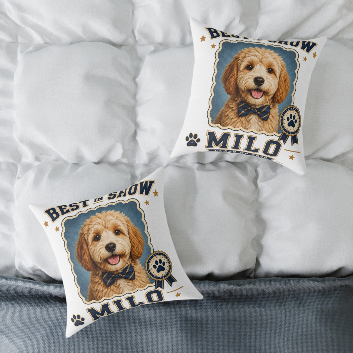 Milo Bailey Dog Dad Mom Square Pillow — 'Best in Show' Personalized Dog Portrait (Milo)