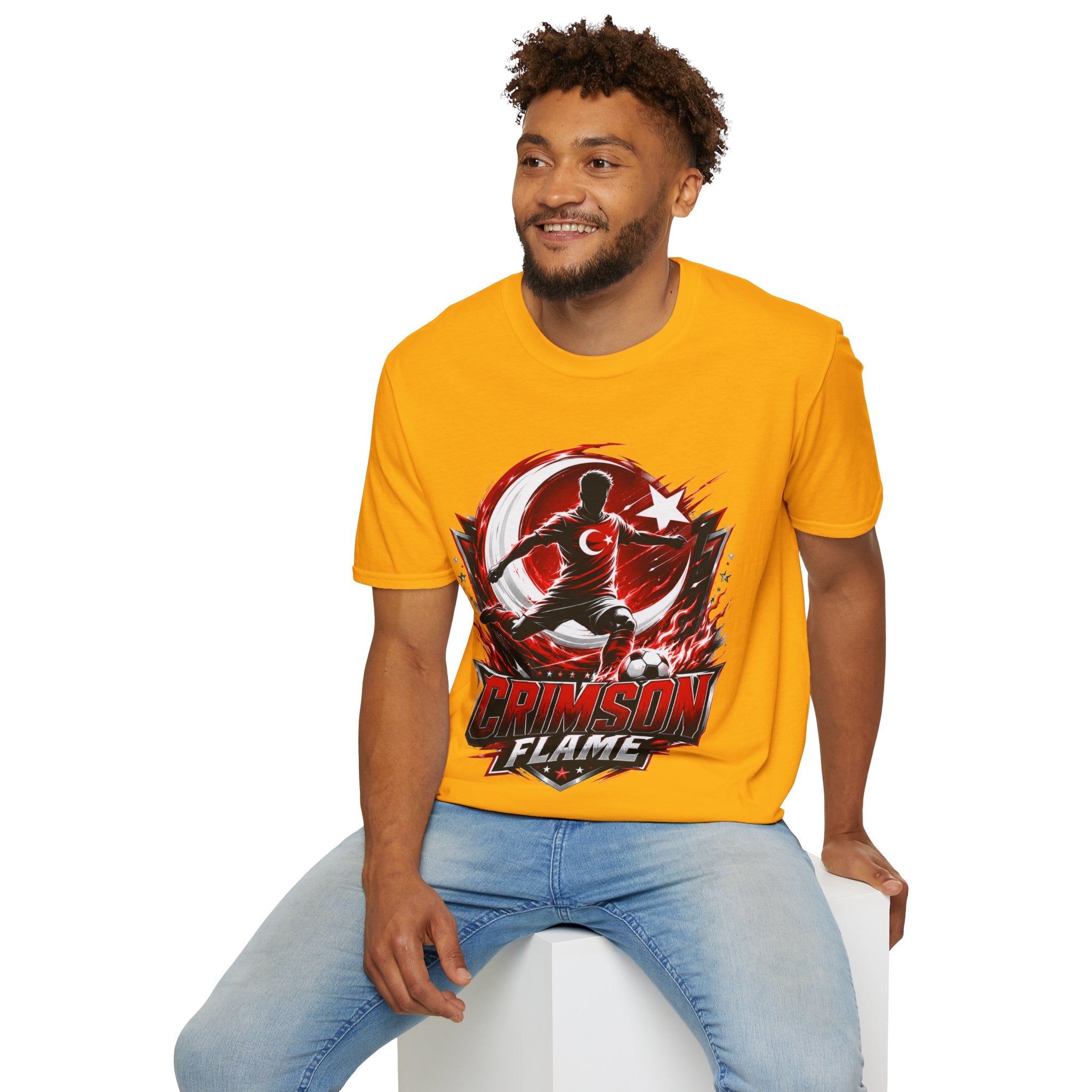Turkey Crimson Flame Soccer T-Shirt — Turkish Crescent & Star Football Fan Tee