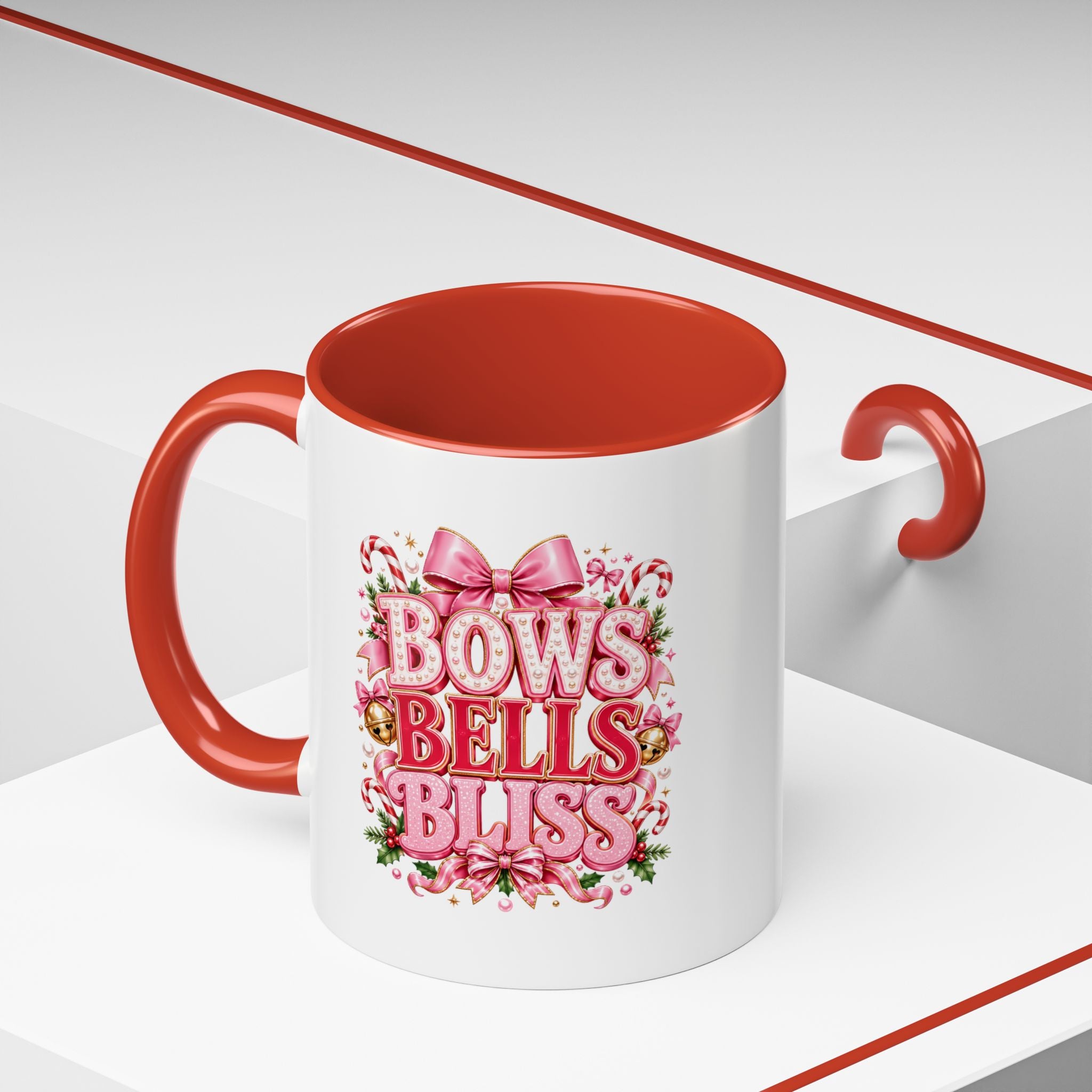 Modern Day Christmas Bows Bells Bliss Coffee Mug — Pink Holiday Accent Mug