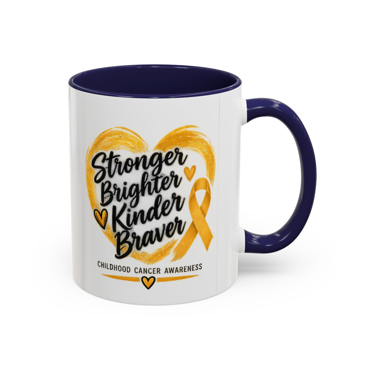 Childhood Cancer Awareness Accent Coffee Mug — "Stronger Brighter Kinder Braver"