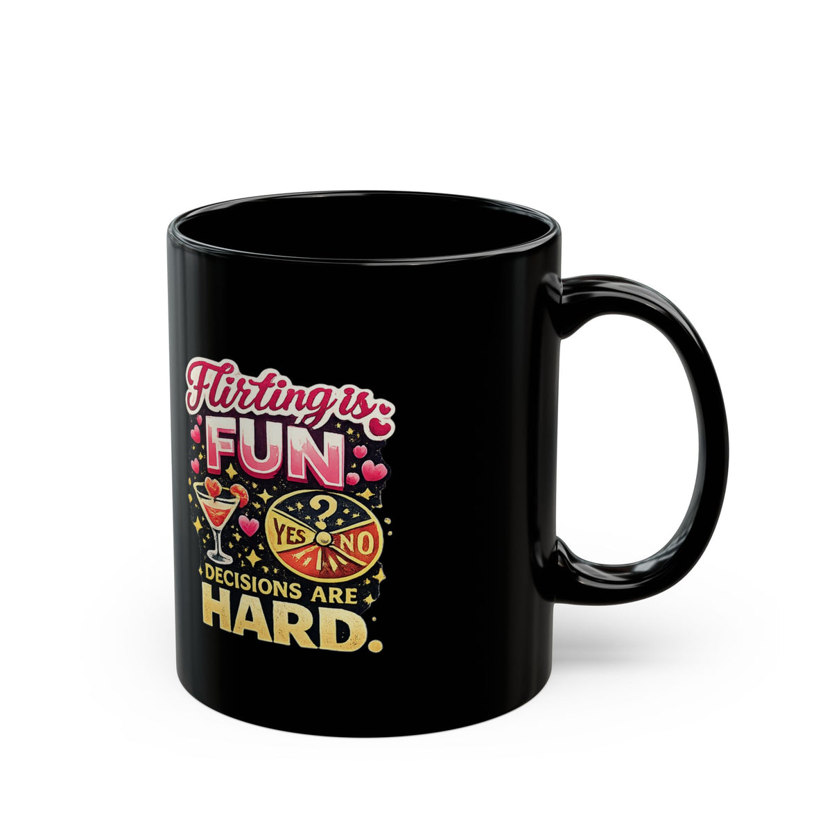 Libra Zodiac Flirting Is Fun Black Coffee Mug — Funny "Decisions Are Hard" Cocktail Design
