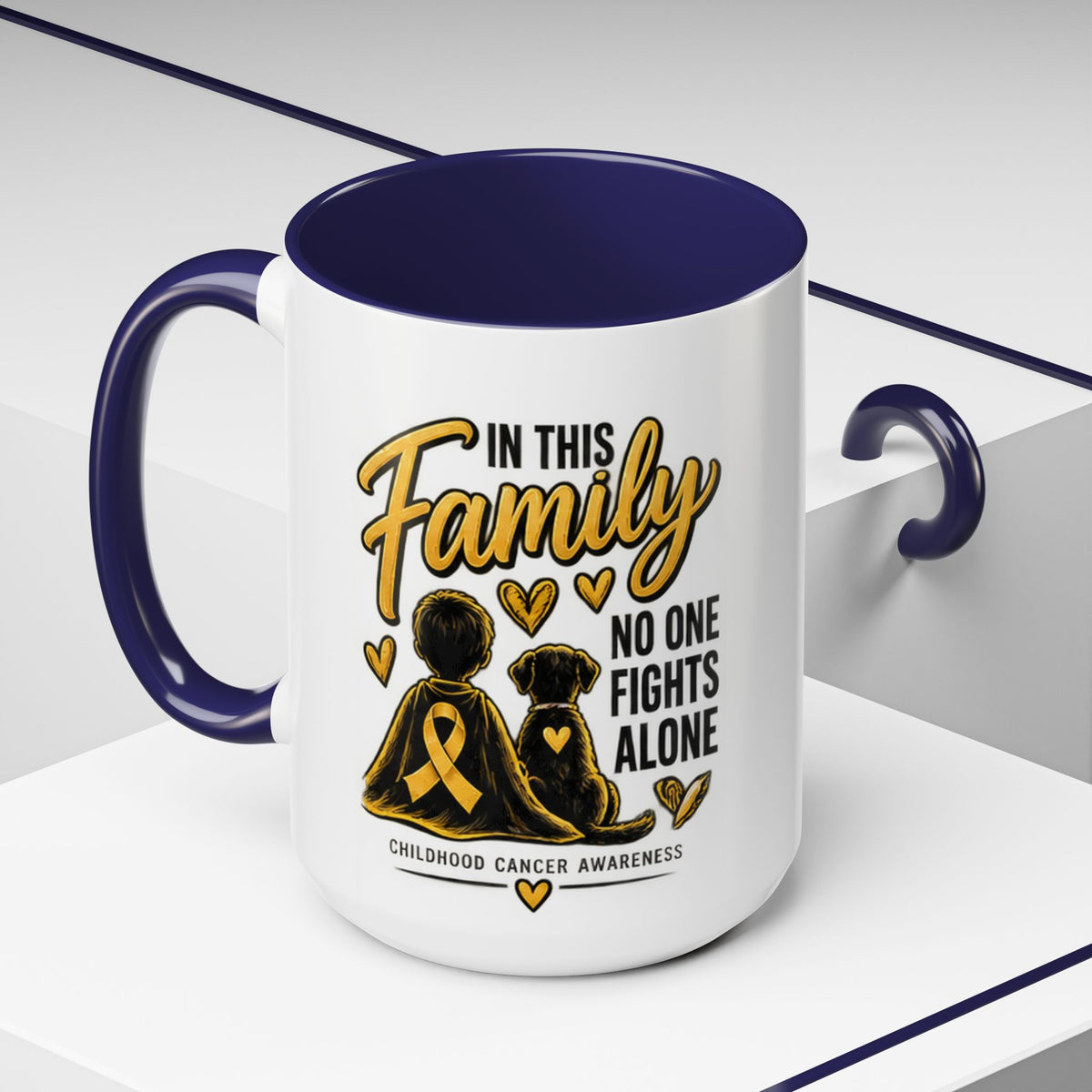 Childhood Cancer Awareness Accent Coffee Mug – "In This Family No One Fights Alone" (11/15oz)