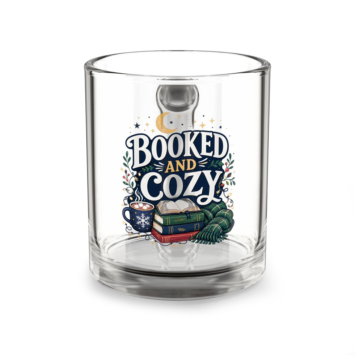 Modern Day Christmas Glass Mug - "Booked and Cozy" Illustrated Reading Mug, 10oz