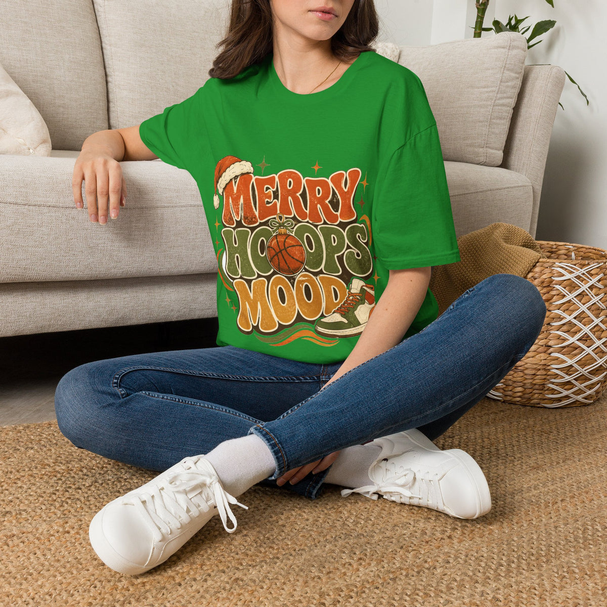 Merry Hoops Mood T-Shirt — Retro Holiday Basketball Christmas Tee