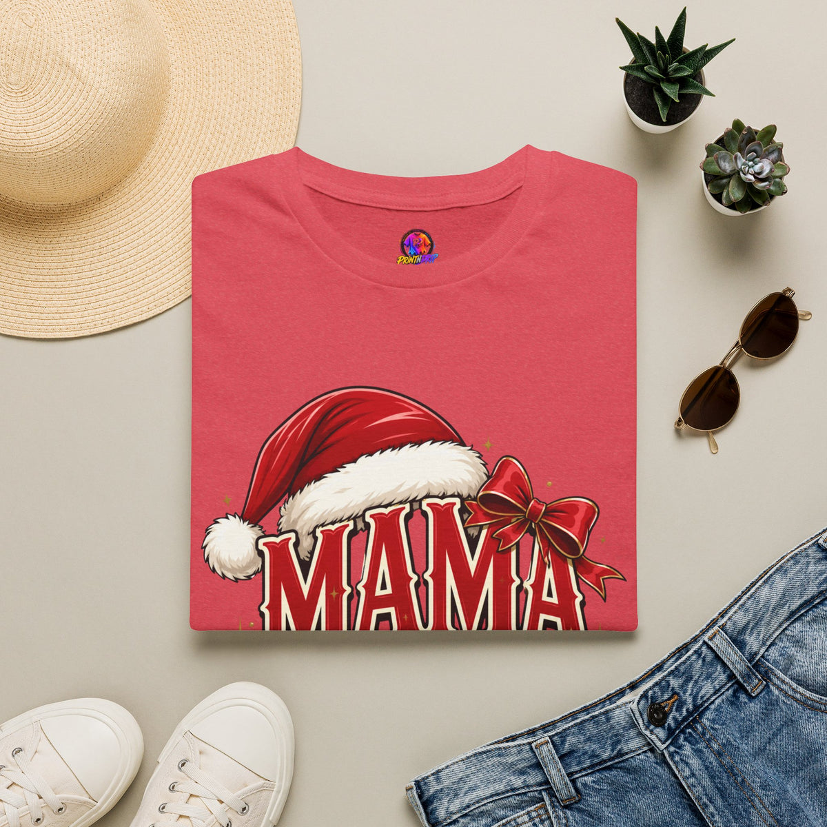 Mama Claus T-Shirt — Festive Christmas Mom Tee with Santa Hat & Bow