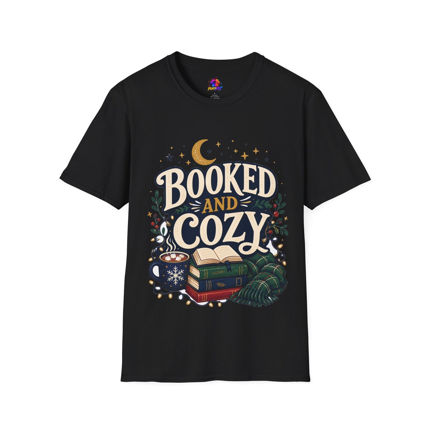 Booked and Cozy T-Shirt — Cozy Reading Graphic Tee (Books, Moon & Stars)
