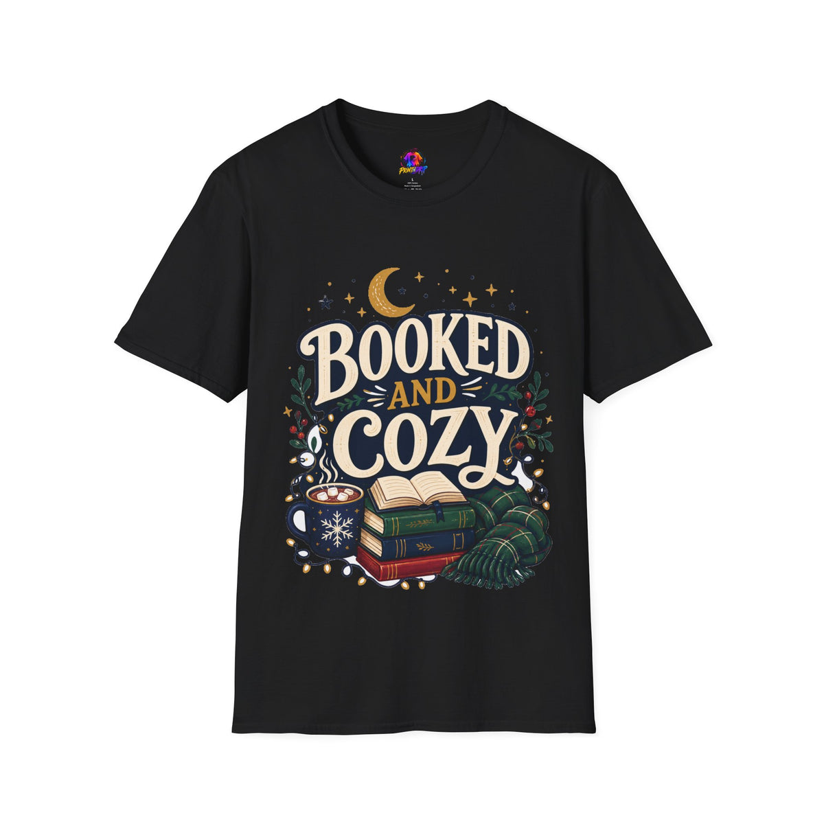 Booked and Cozy T-Shirt — Cozy Reading Graphic Tee (Books, Moon & Stars)