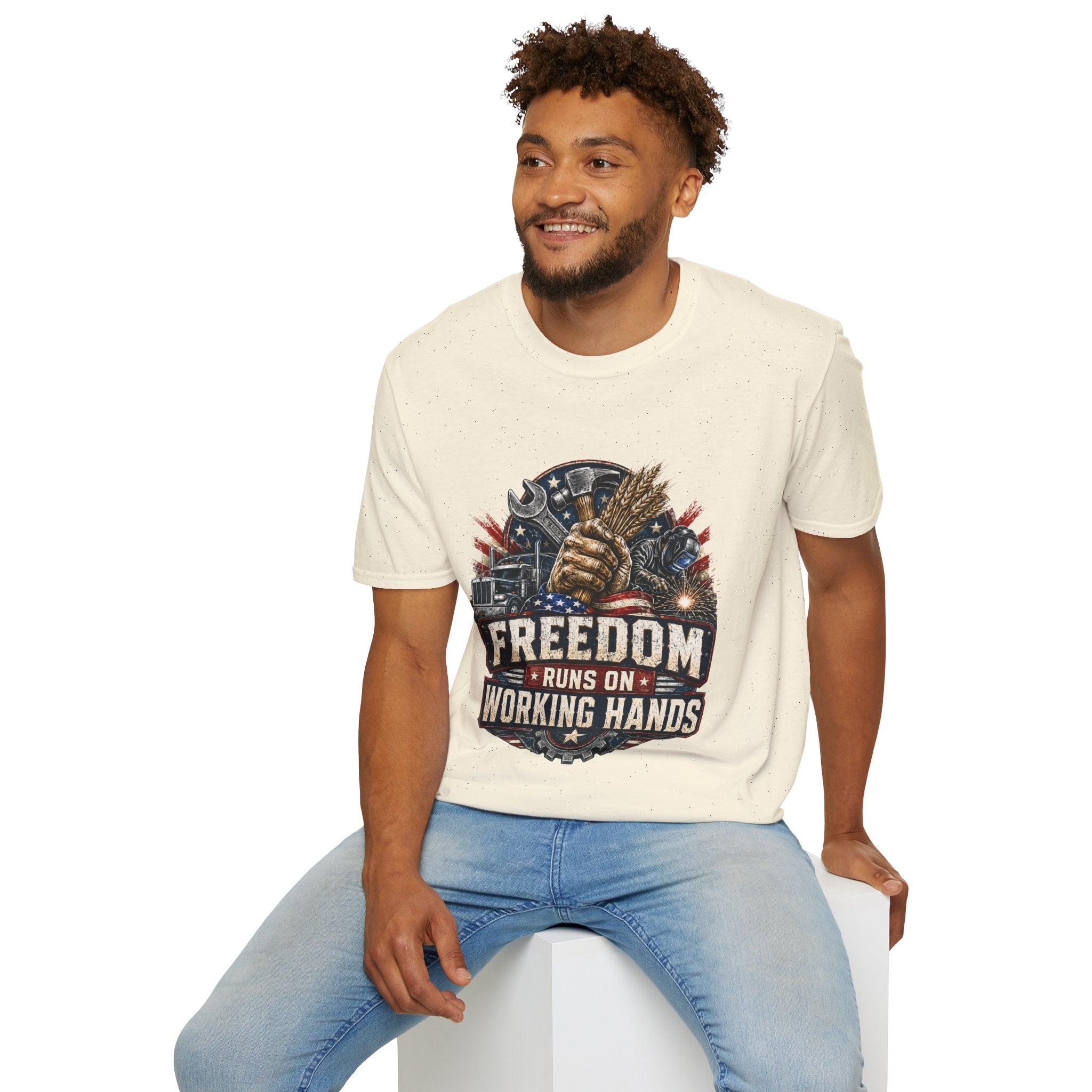 Freedom Runs on Working Hands T-Shirt — Patriotic Mechanic Tool & Wheat Design