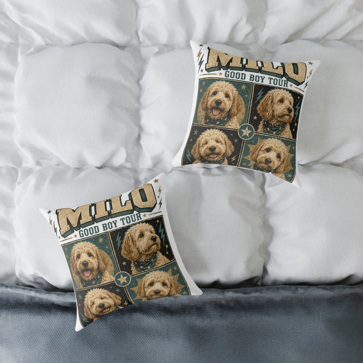 Milo "Good Boy Tour" Dog Photo Square Throw Pillow  Milo Bailey Dog Dad Mom