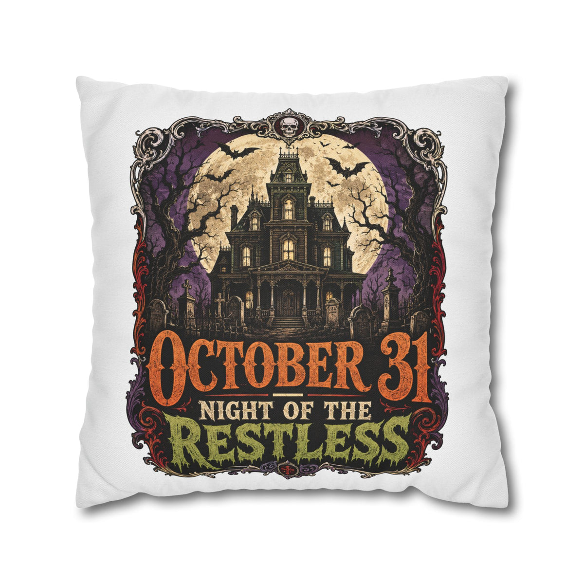 Halloween Pillowcase — "October 31 Night of the Restless" Haunted House Throw Pillow