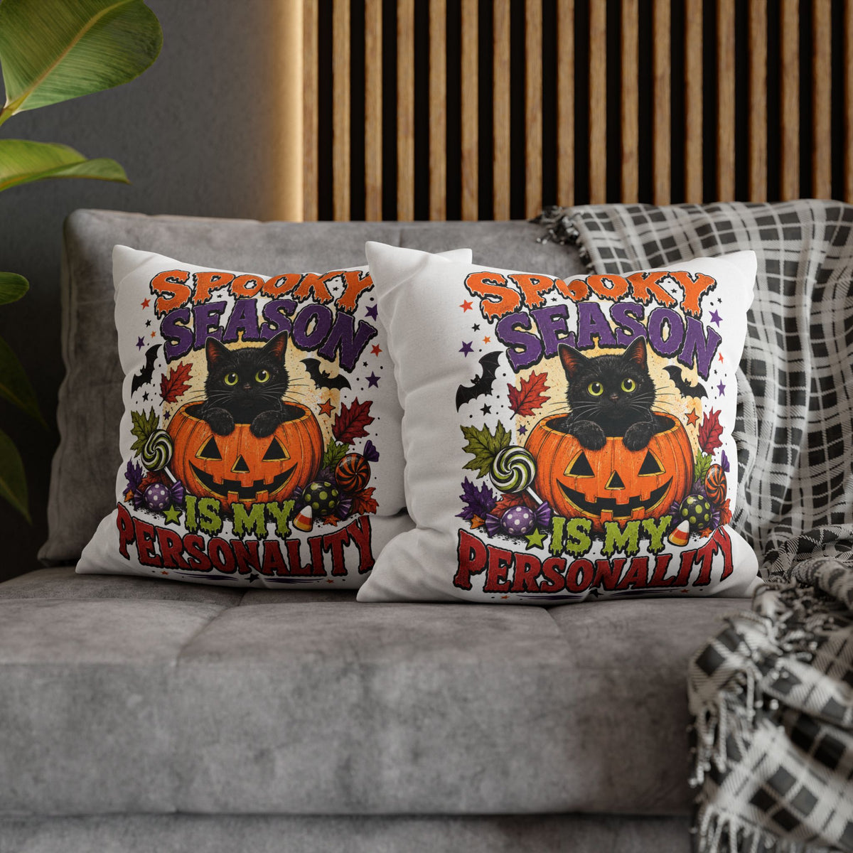 Halloween Pillowcase — "Spooky Season Is My Personality" Black Cat & Pumpkin Decorative Pillow Cover