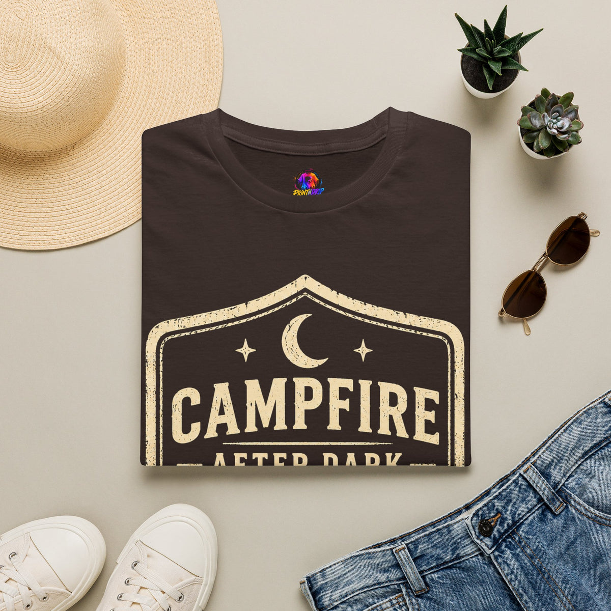 Campfire After Dark T-Shirt — Retro Camping Badge Tee for Outdoor Lovers