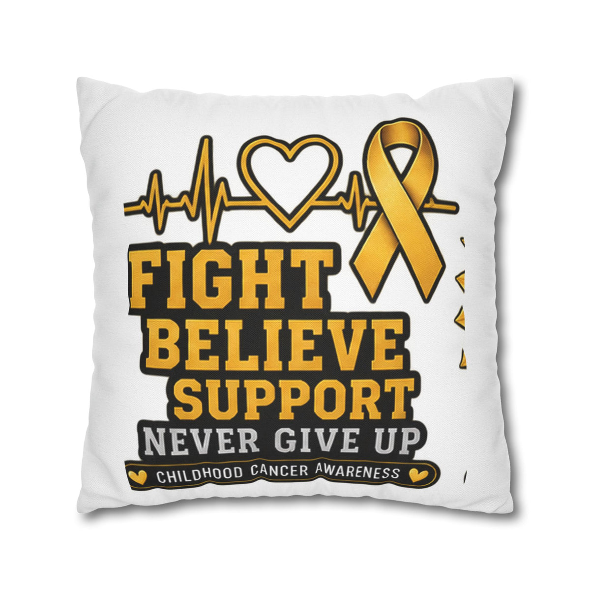 Childhood Cancer Awareness Pillow — "Fight Believe Support Never Give Up" Gold Ribbon Decorative Throw Pillow