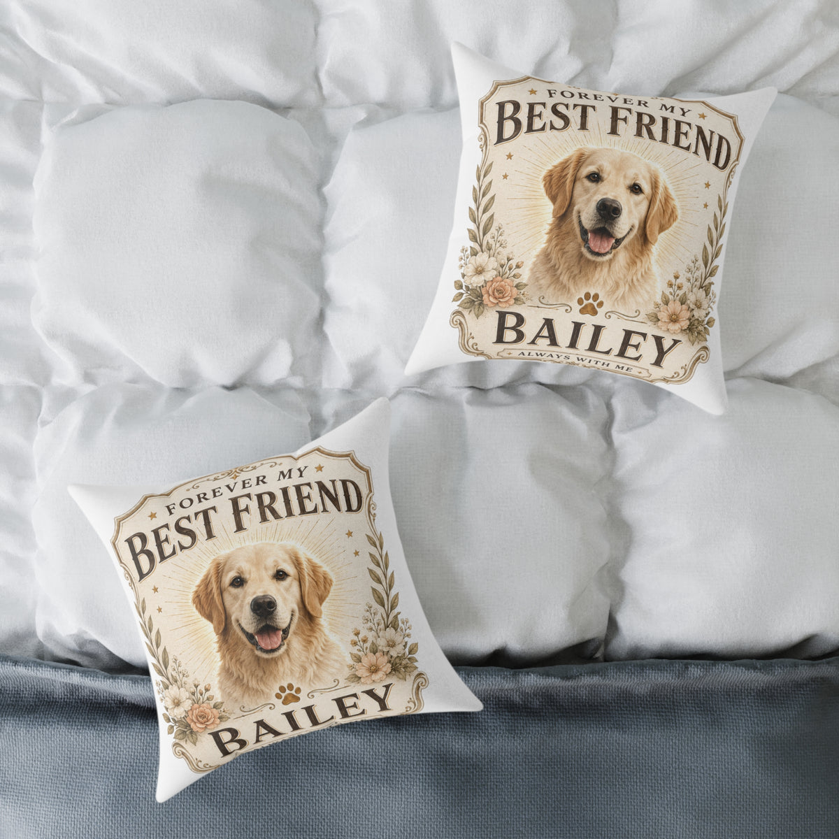 Milo Bailey Dog Dad Mom Square Pillow — "Forever My Best Friend" Personalized Dog Photo Pillow (Bailey)