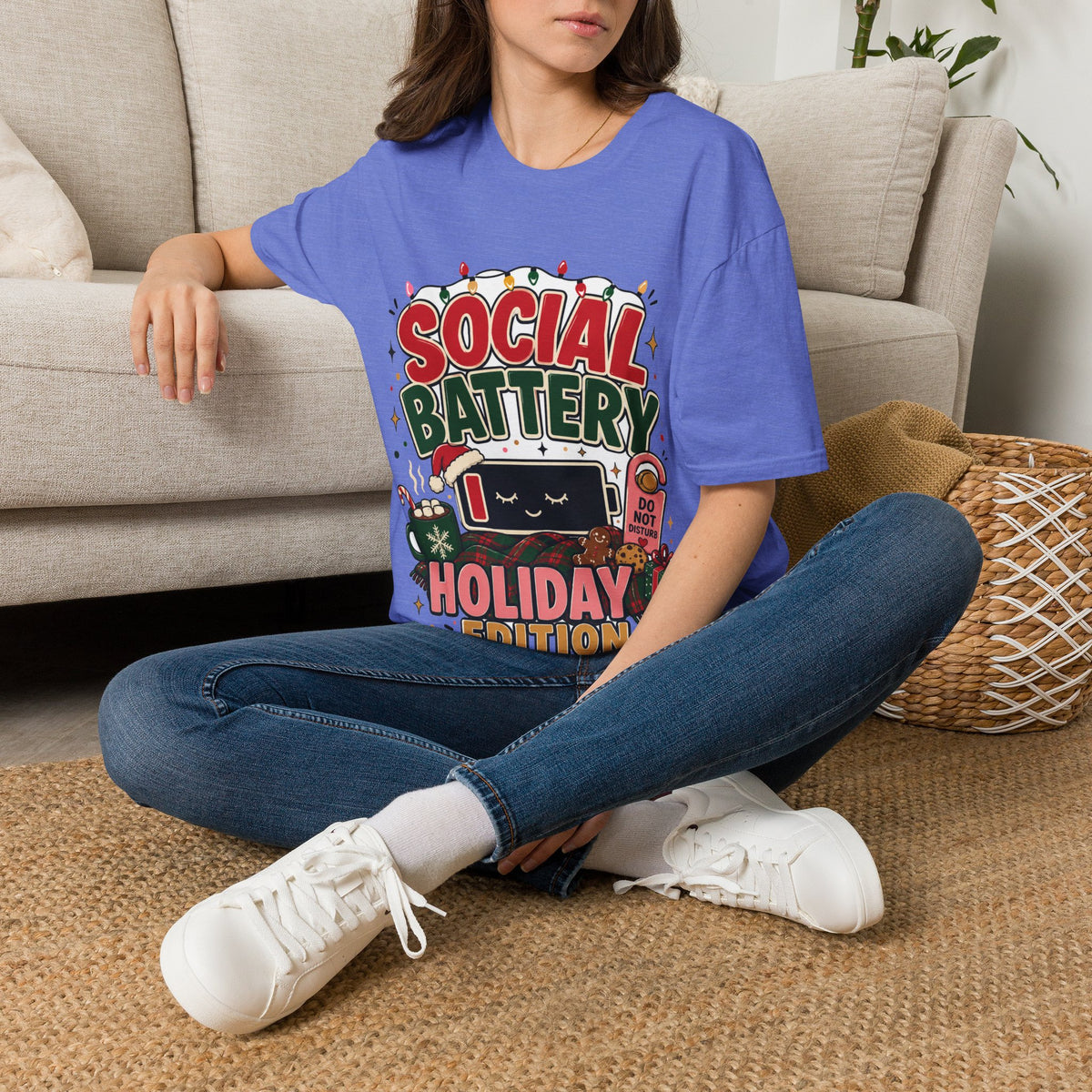 Social Battery Holiday T‑Shirt — Funny Christmas Recharge Graphic Tee