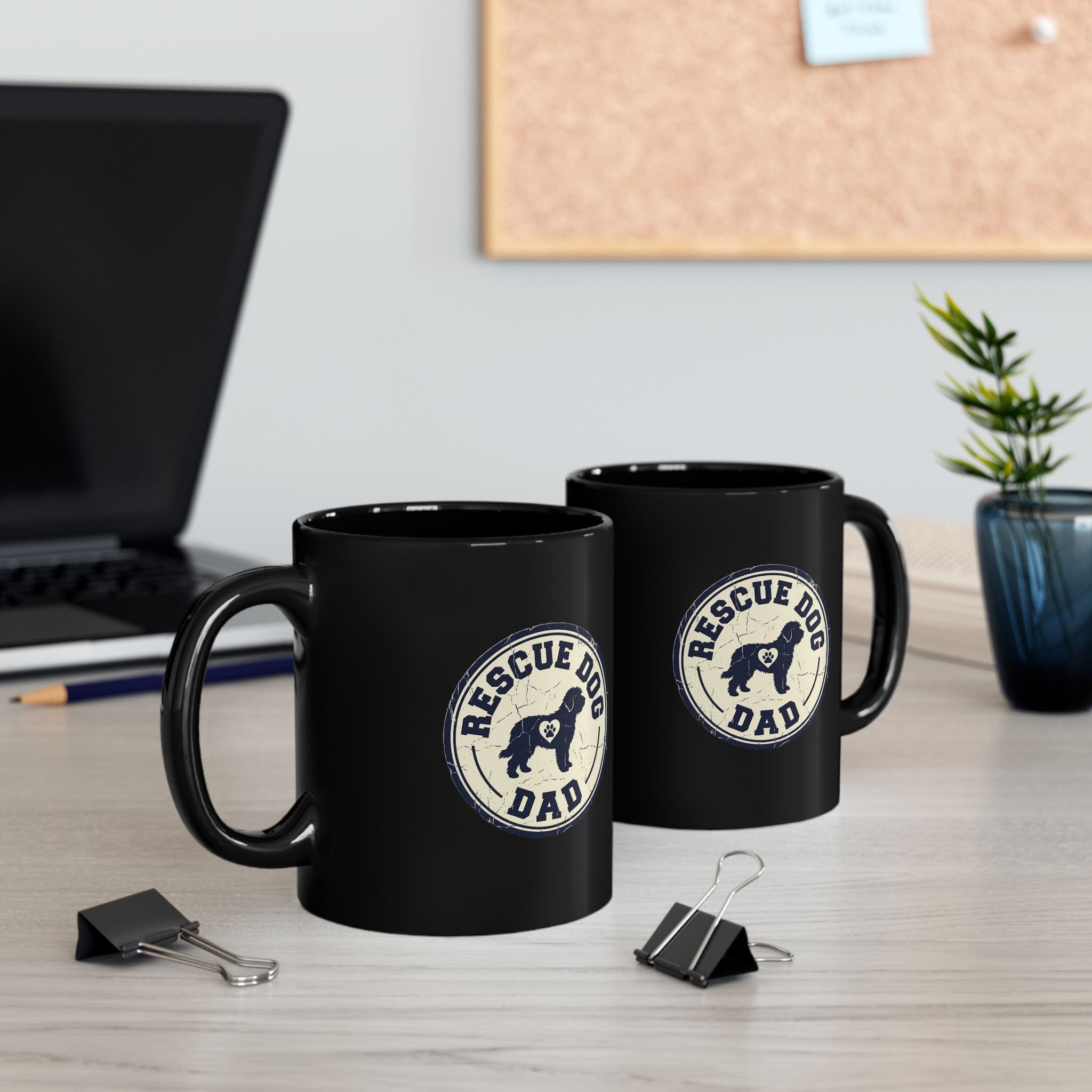 Funny Rescue Dog Dad Black Mug — Vintage Paw Print Coffee Cup