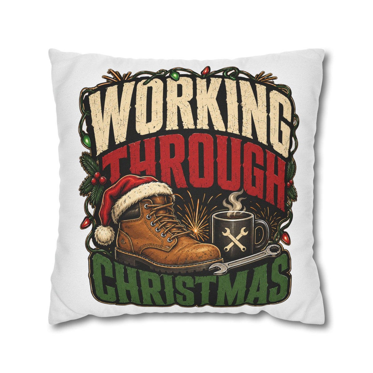 Christmas Work Boots Pillowcase Modern Day Christmas  – "Working Through Christmas" Holiday Throw Pillow Cover