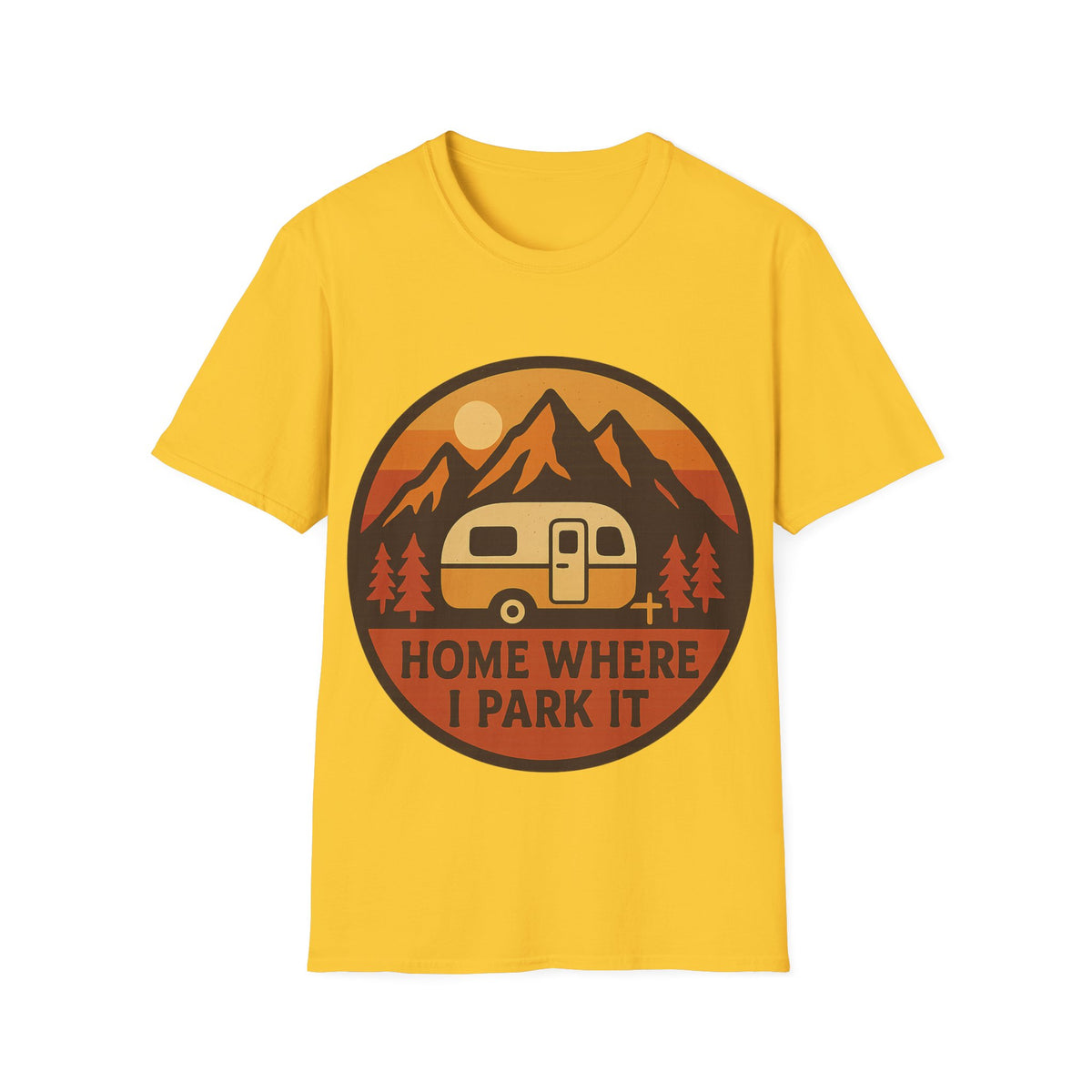 "Home Where I Park It" Vintage Camper Van Graphic Tee - Retro Sunset Mountain White T-Shirt - Trending Now - September 2026