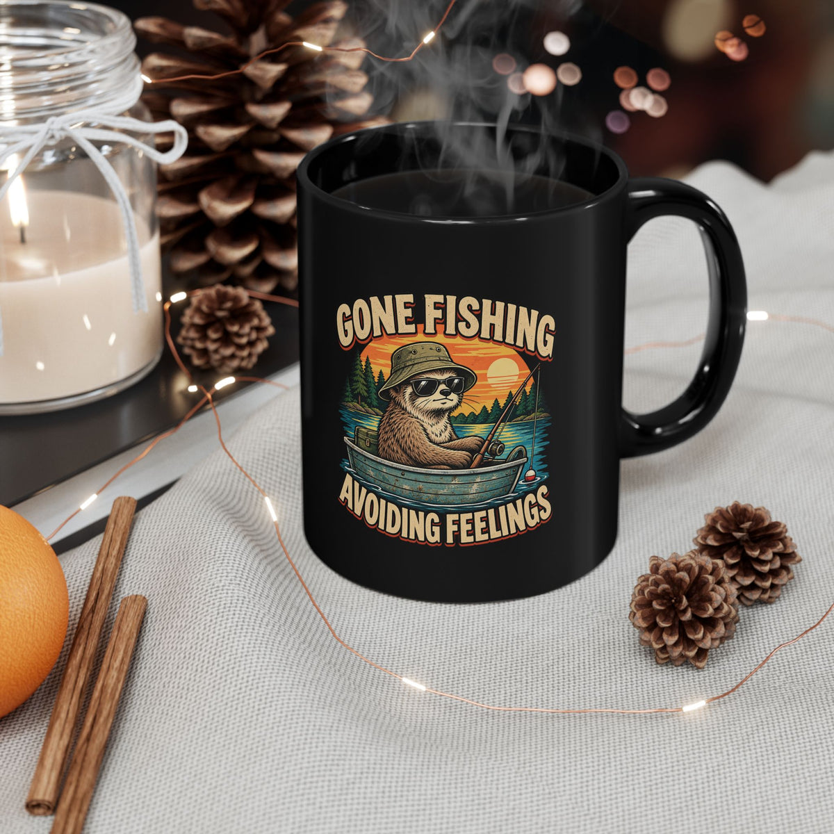 Gone Fishing Avoiding Feelings Mug — Funny Sloth Fishing Coffee Cup