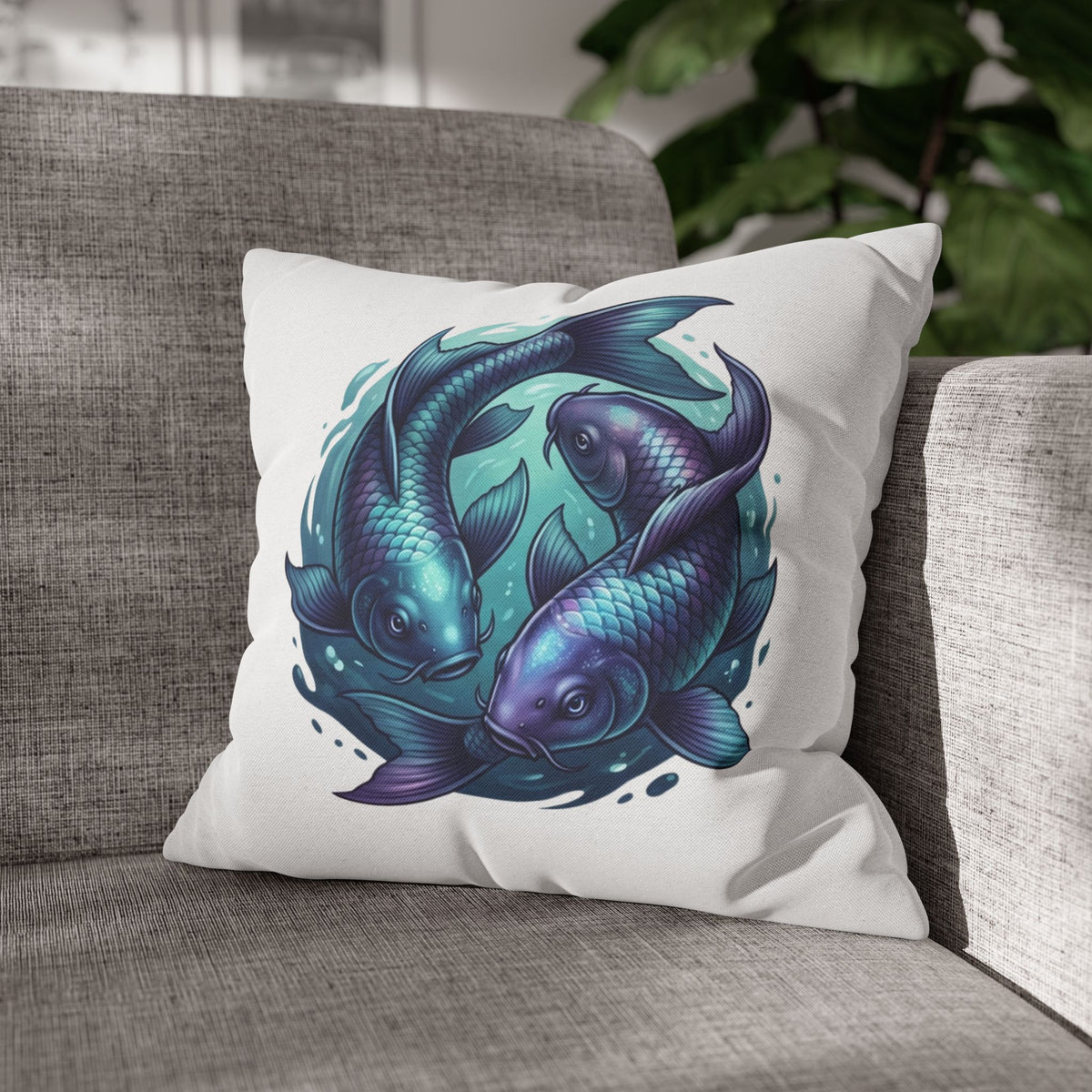 Pisces Koi Fish Decorative Pillowcase — Blue Yin Yang Aquatic Throw Pillow Cover