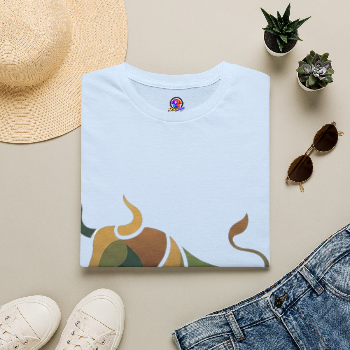 Bull Graphic T-Shirt — Earth Tone Geometric Taurus Design