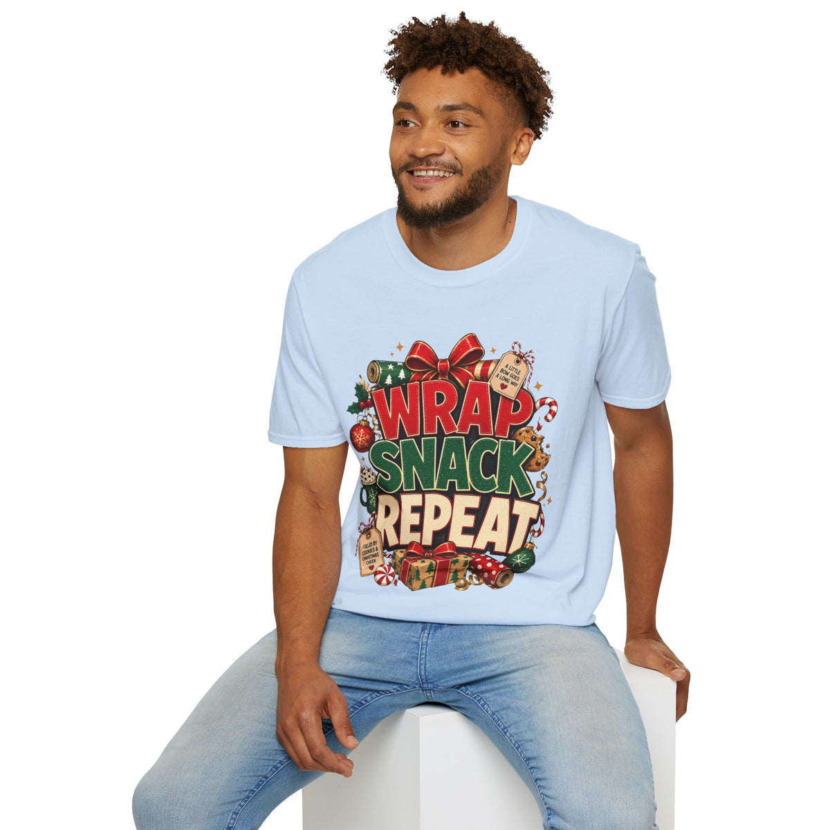 T-Shirt — "Wrap Snack Repeat" Christmas Graphic Tee