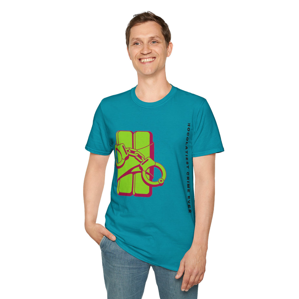 Chocolateie Graphic T‑Shirt — Green Candy Bar with Handcuffs Design - Trending Now - September 2026