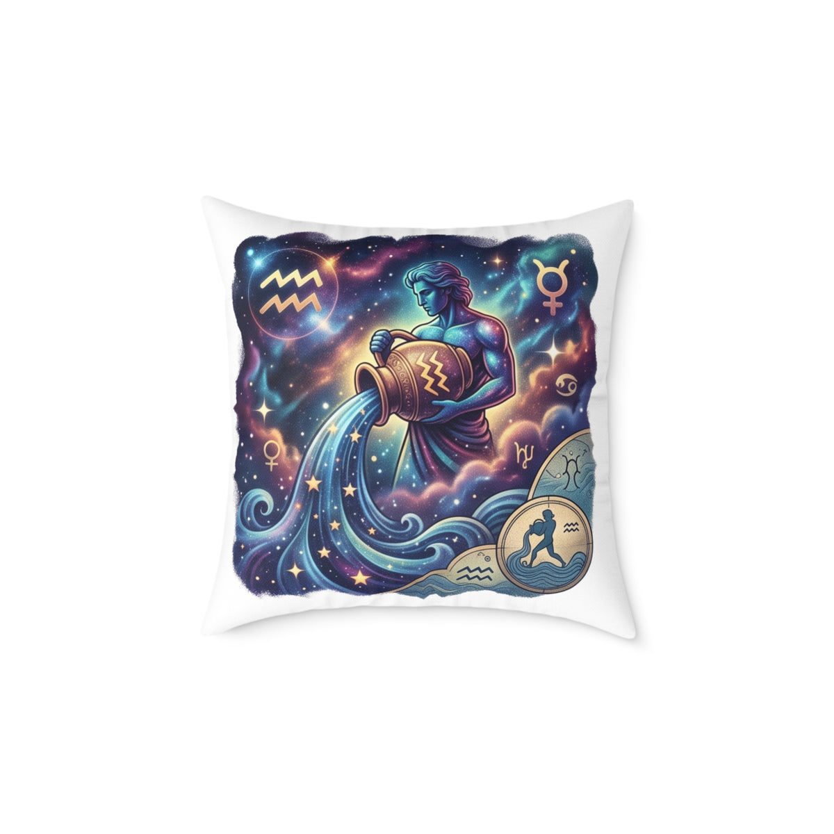 Aquarius Zodiac Pillow – Illustrated Astrological Water Bearer Throw Cushion
