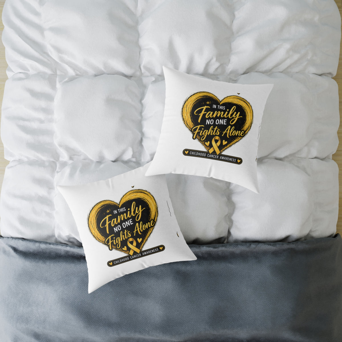 Childhood Cancer Awareness Pillow — "In This Family No One Fights Alone" Square Throw Pillow