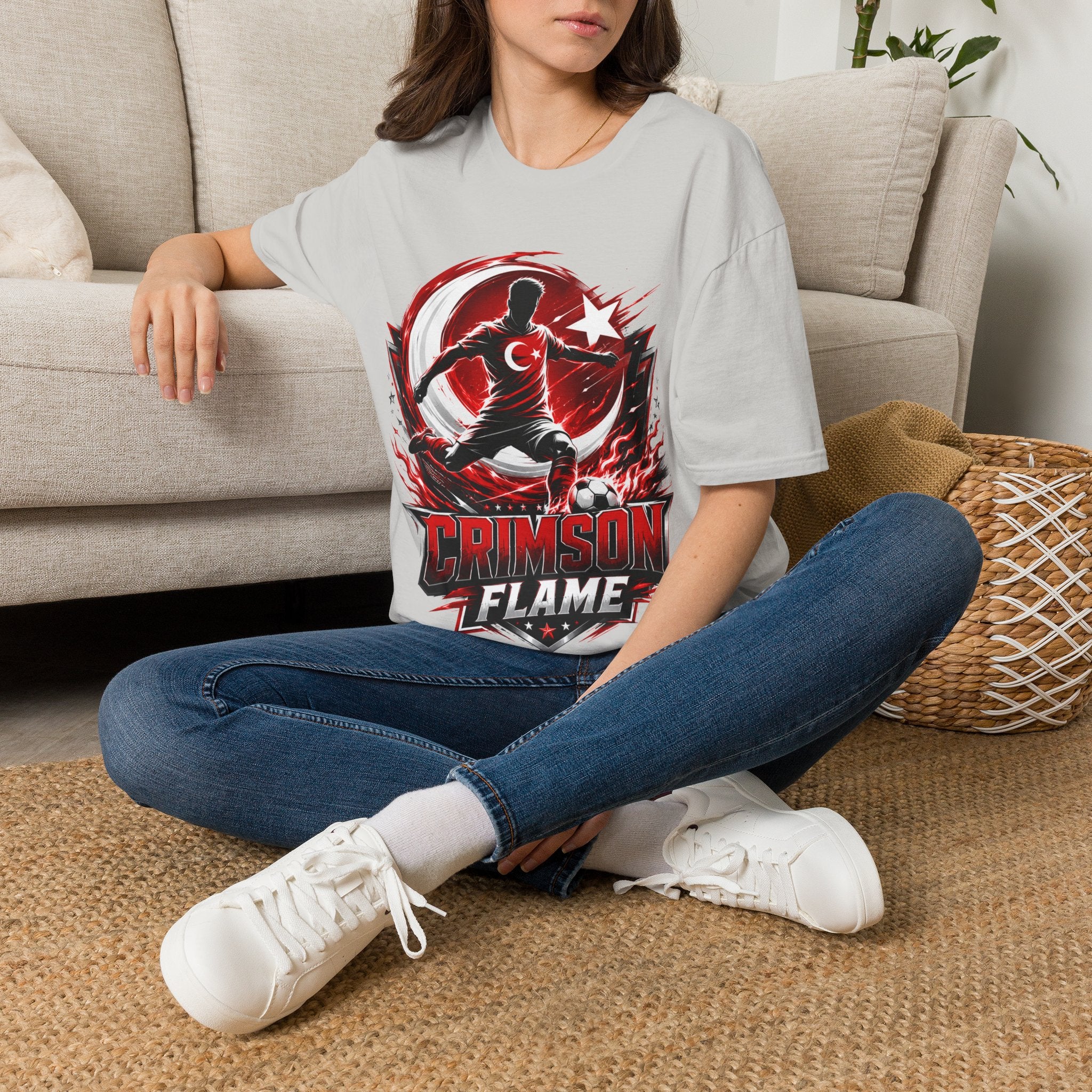 Turkey Crimson Flame Soccer T-Shirt — Turkish Crescent & Star Football Fan Tee