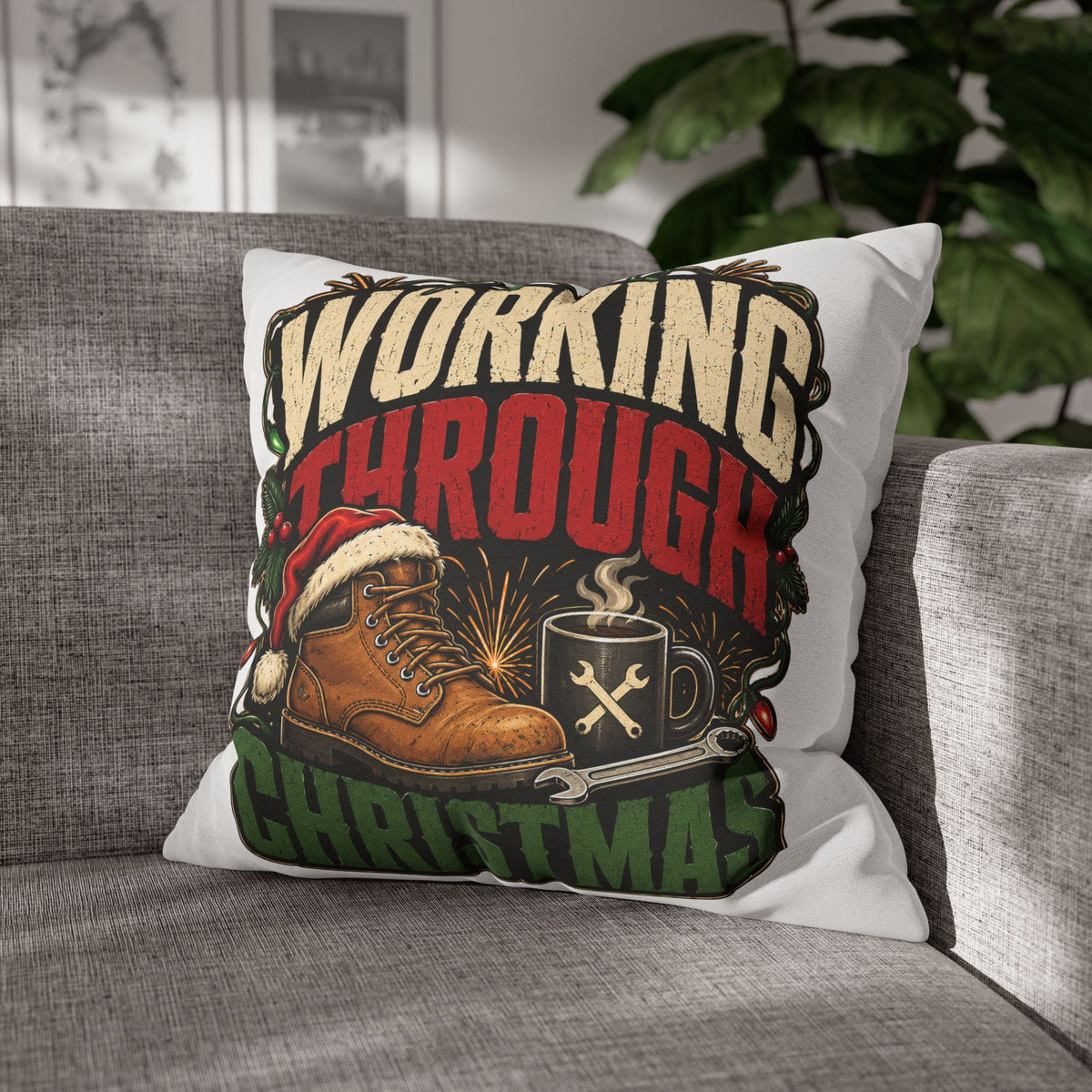 Christmas Work Boots Pillowcase Modern Day Christmas  – "Working Through Christmas" Holiday Throw Pillow Cover