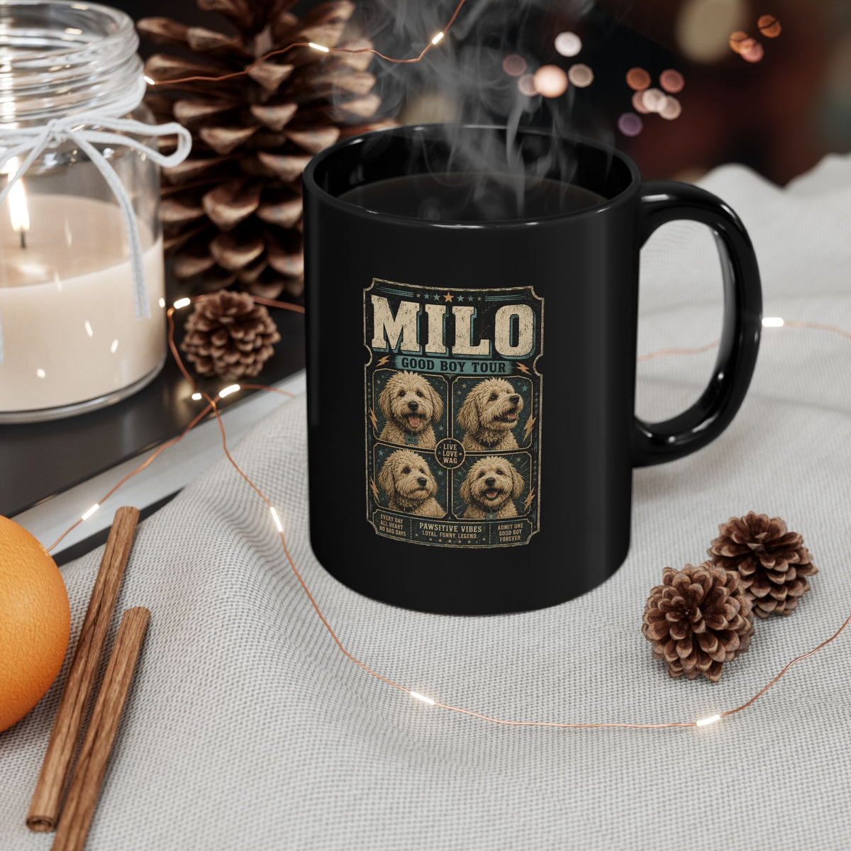 Milo Bailey Dog Dad Mom Milo Photo Collage Black Mug — Custom Pet Name Coffee Cup