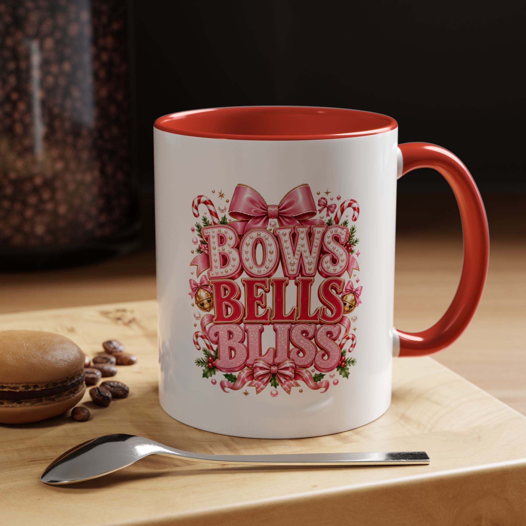 Modern Day Christmas Bows Bells Bliss Coffee Mug — Pink Holiday Accent Mug