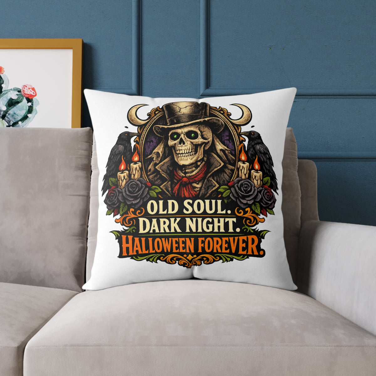 Halloween Skeleton Pillow - "Old Soul, Dark Night. Halloween Forever" Square Decorative Cushion