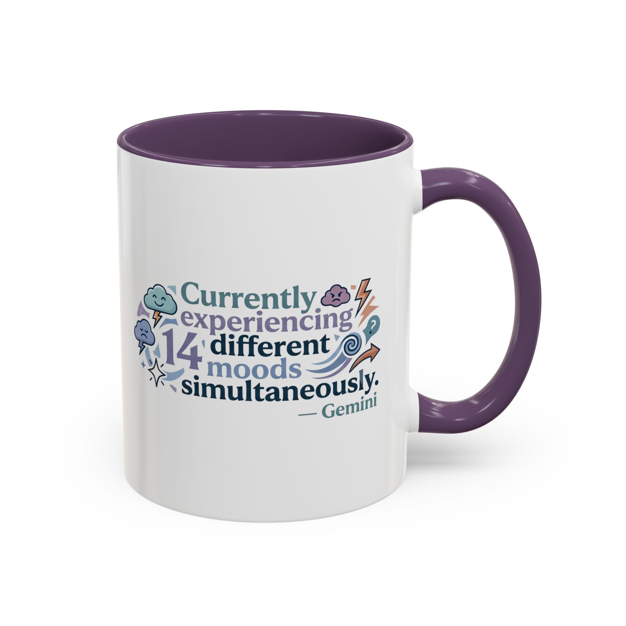 Gemini Mood Coffee Mug — "Currently Experiencing 14 Different Moods" Accent Ceramic Mug