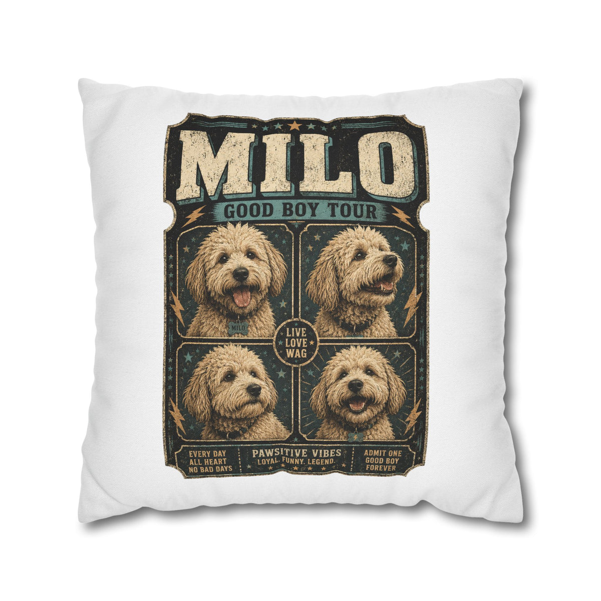 Milo "Good Boy Tour" Square Pillowcase — Cute Dog Portrait Decorative Pillowcase Milo Bailey Dog Dad Mom