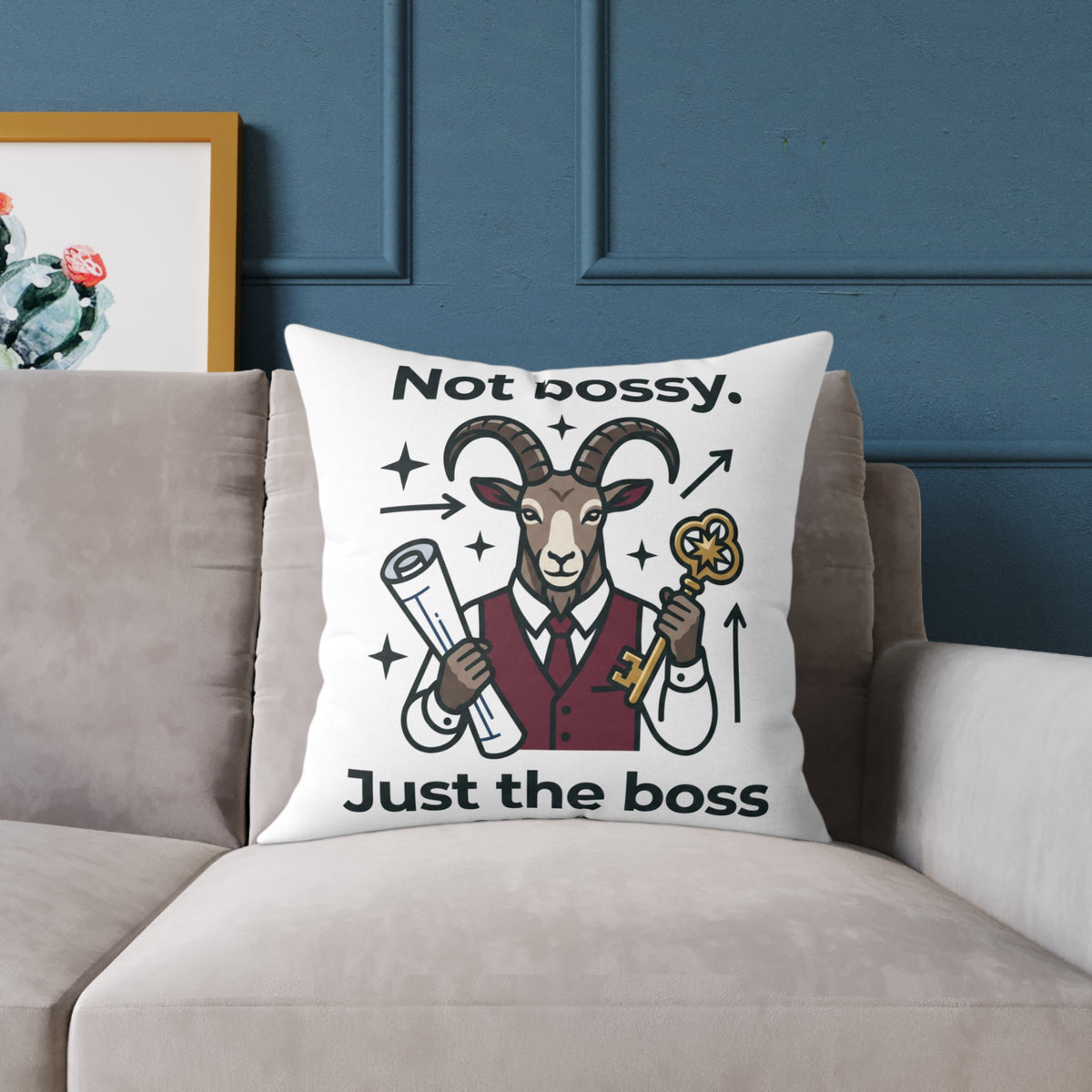 Capricorn Square Throw Pillow — “Not Bossy. Just the Boss” Goat Illustration