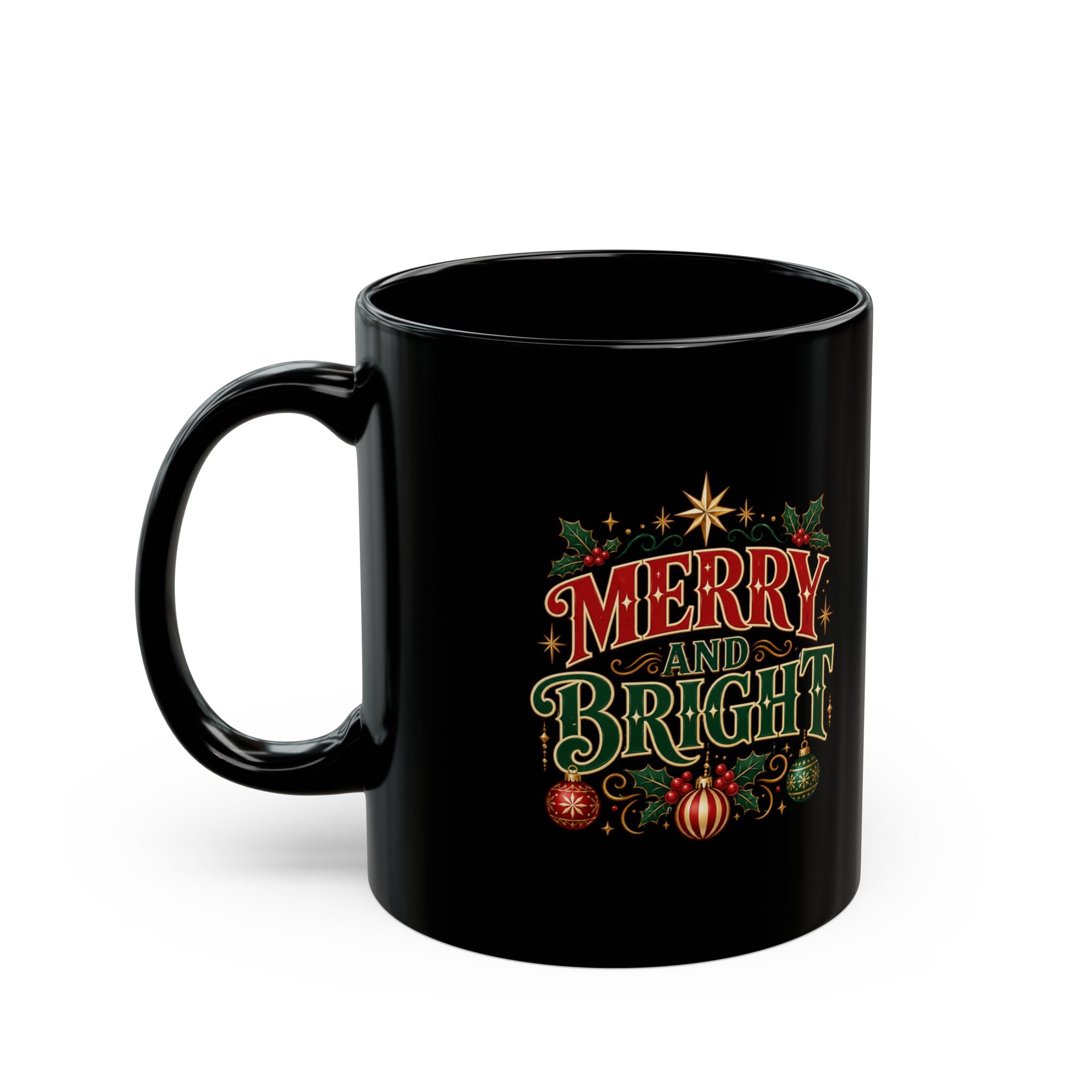 Merry and Bright Christmas Mug — Black Holiday Coffee Cup