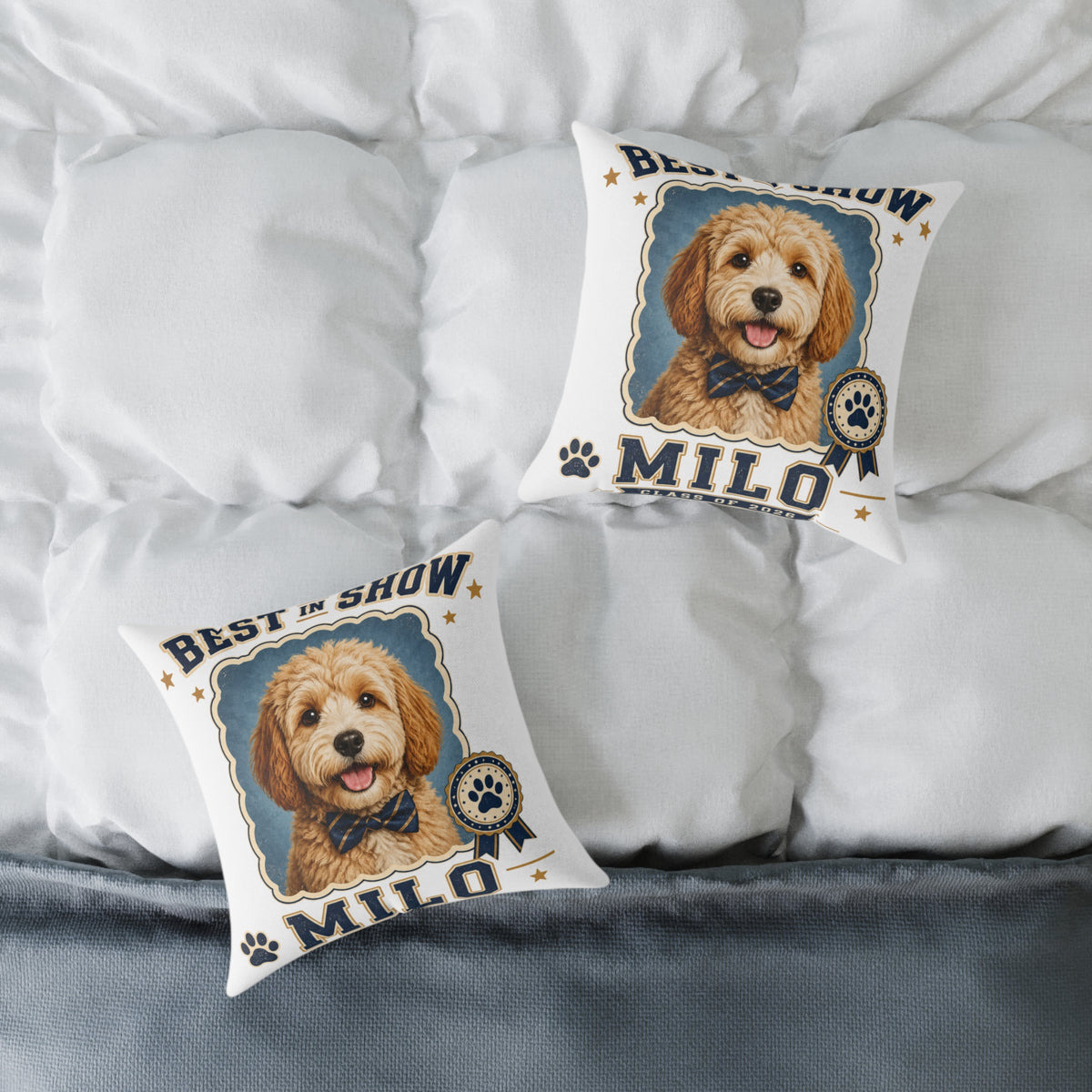 Milo Bailey Dog Dad Mom Square Pillow — 'Best in Show' Personalized Dog Portrait (Milo)