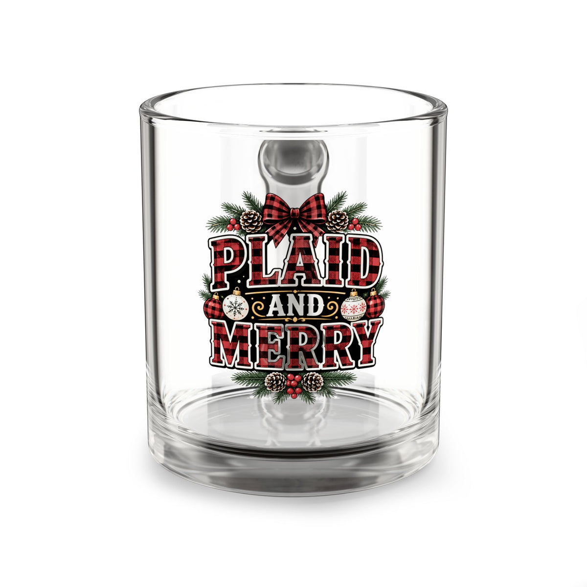Christmas Glass Mug 10 oz Glass Mug — "Plaid and Merry" Holiday Plaid Christmas Coffee Mug, 10oz