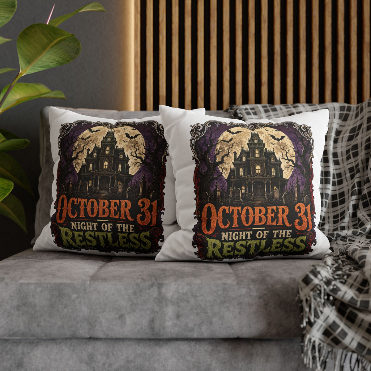 Halloween Pillowcase — "October 31 Night of the Restless" Haunted House Throw Pillow