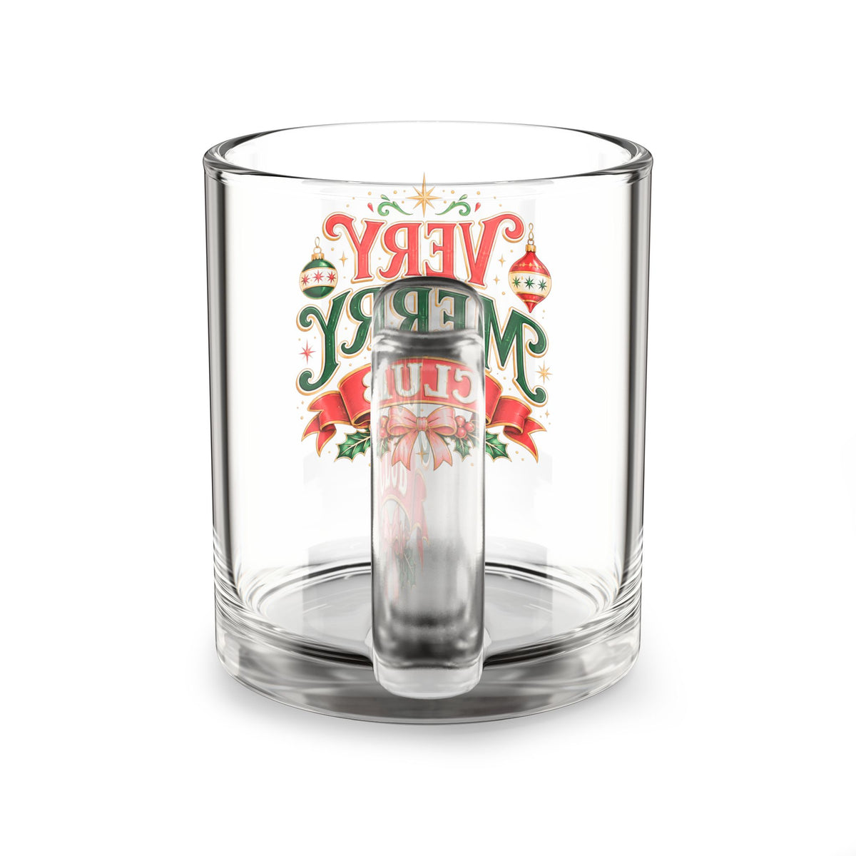 Christmas Glass Mug 10 oz Very Merry Club Glass Mug — 10oz Holiday Coffee Tea Cup