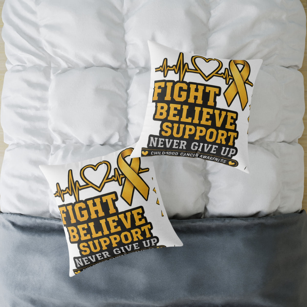 Childhood Cancer Awareness Pillow - "Fight Believe Support Never Give Up" Gold Ribbon Accent