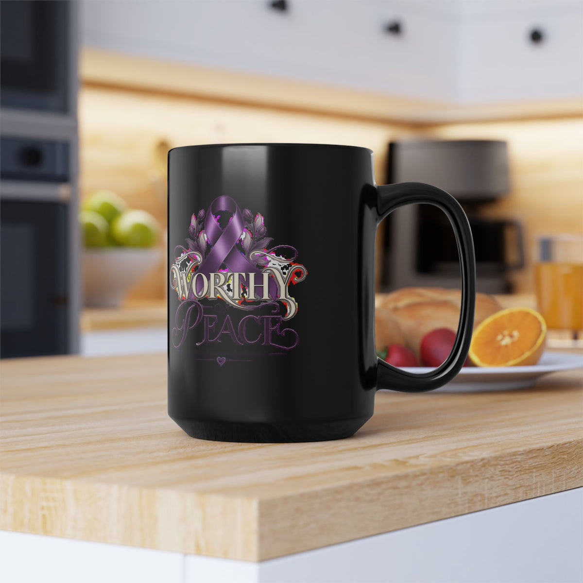 Worthy Peace Ribbon Black Mug —Domestic Violence Inspirational Awareness Coffee Cup (11oz & 15oz)