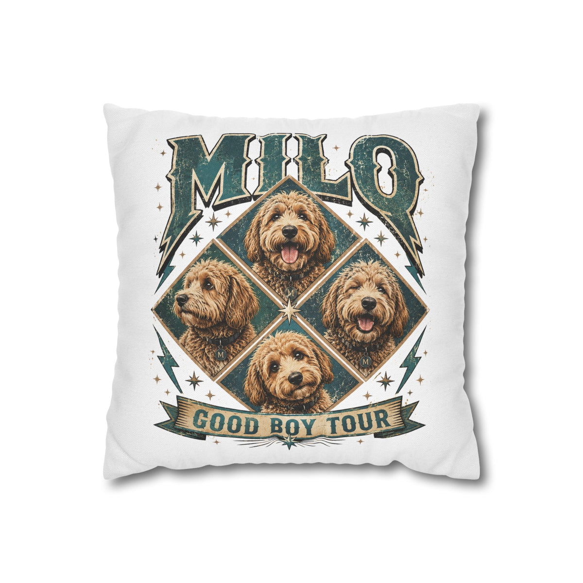 Milo “Good Boy Tour” Dog Photo Square Pillowcase Milo Bailey Dog Dad Mom