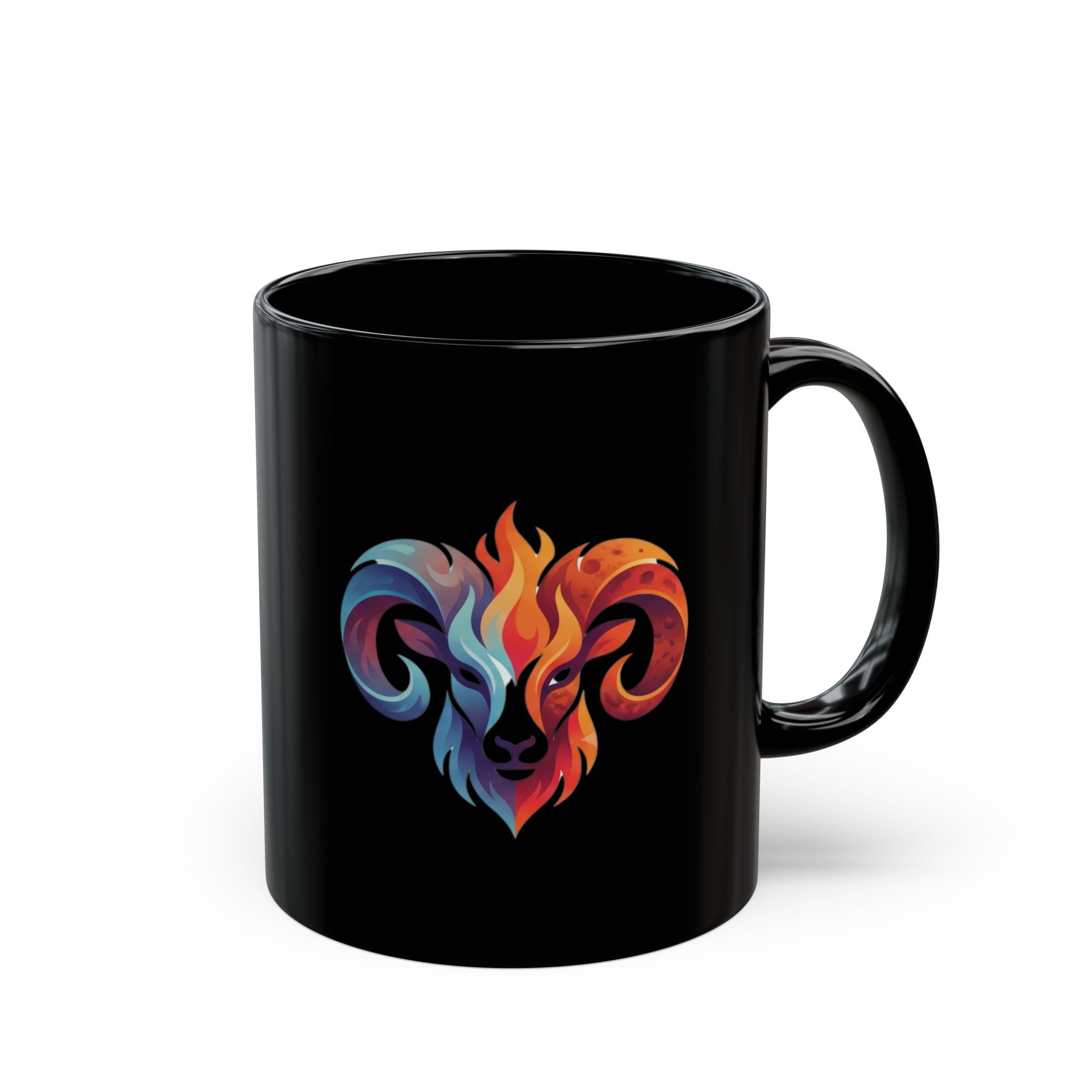 Aries Ram Heart Black Coffee Mug — Colorful Zodiac Flame Design