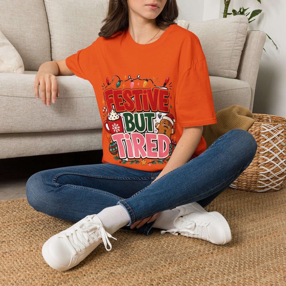 Festive But Tired T-Shirt — Holiday Christmas Crew Tee with Lights & Gingerbread