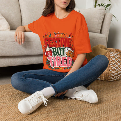 Festive But Tired T-Shirt — Holiday Christmas Crew Tee with Lights & Gingerbread