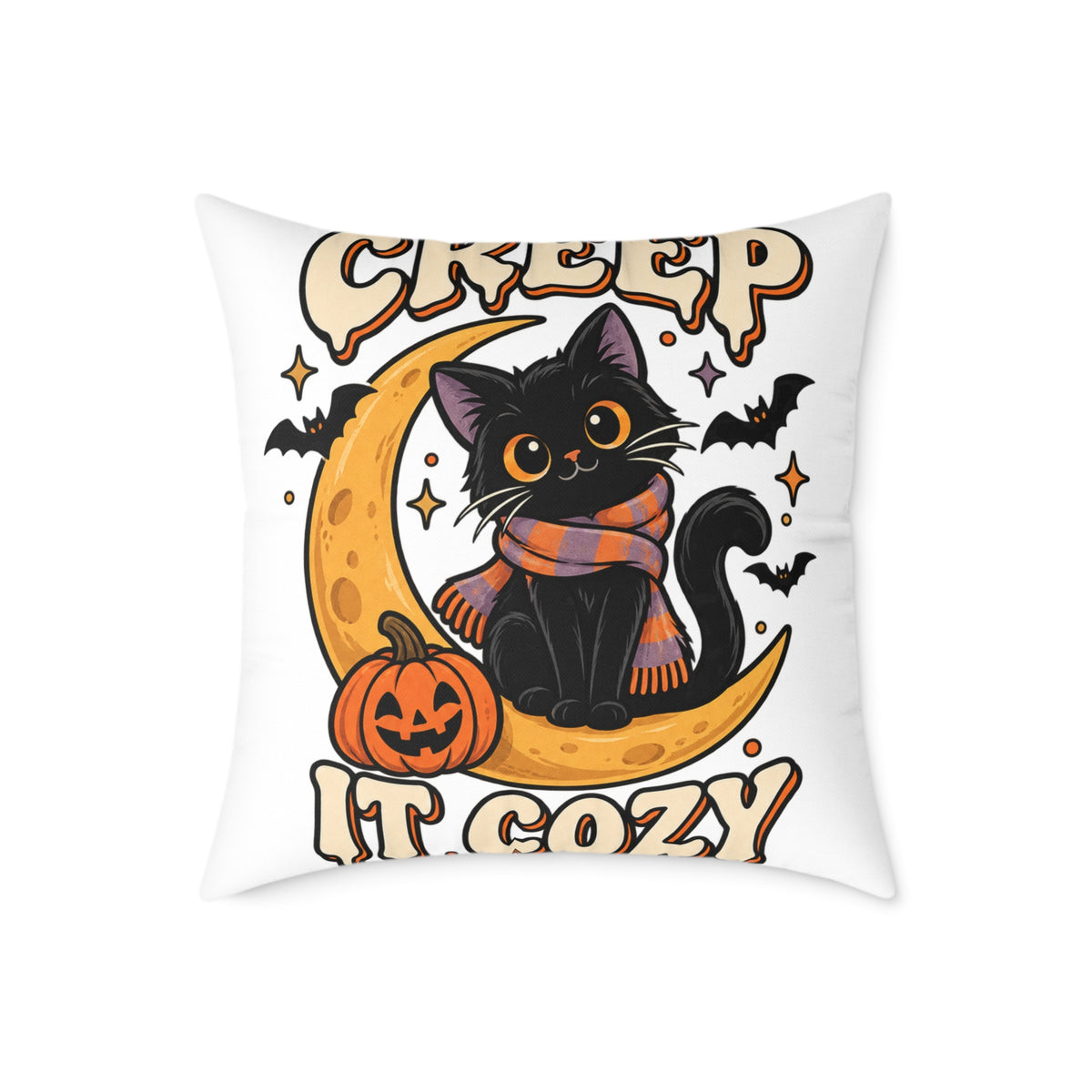 Halloween Cat Pillow — "Creep It Cozy" Decorative Square Throw Pillow